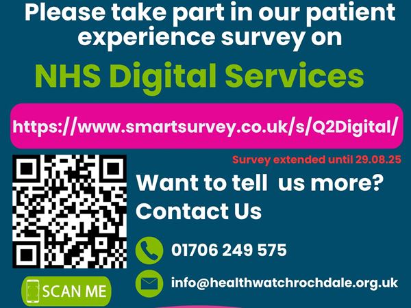 Image shows a snippet of a poster asking patients to take part in an experience survey relating to NHS Digital Services. Image then provides a web link and QR code for the survey.