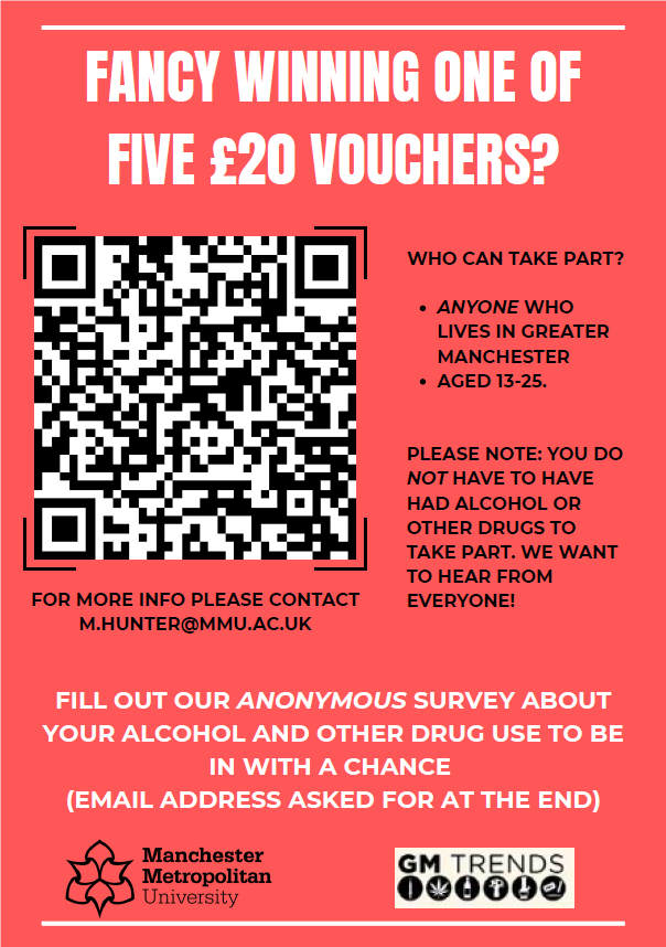 Red Manchester Metropolitan University poster asking if you fancy winning one of five £20 vouchers and then a QR code link to a form